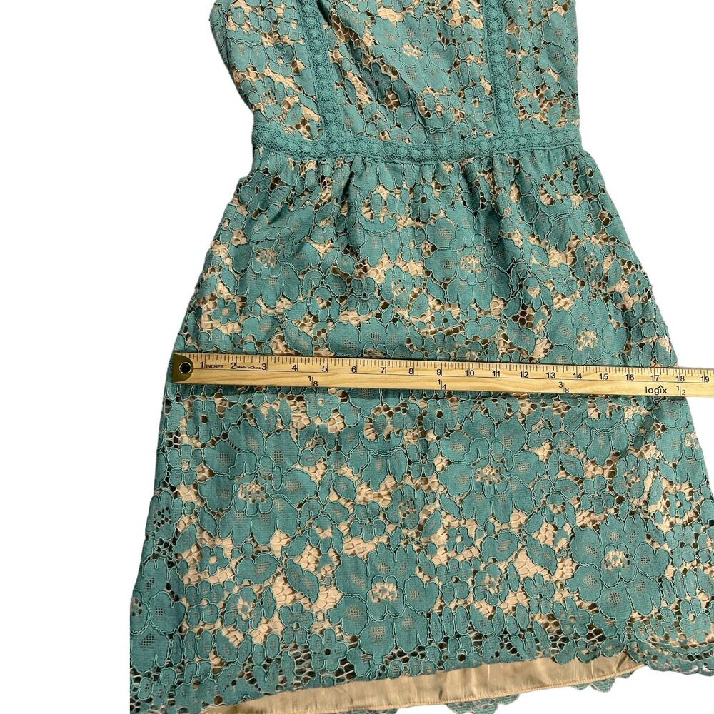 Chelsea & Violet Teal Lace Dress Nude Lined Sleeveless Square Neck Fit Flare XS - Picture 13 of 16